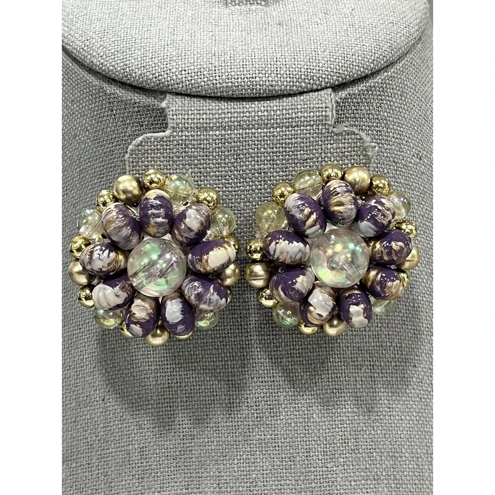 Vintage Purple Gold Beaded Cluster Clip-On Earrings Iridescent Acrylic Statement